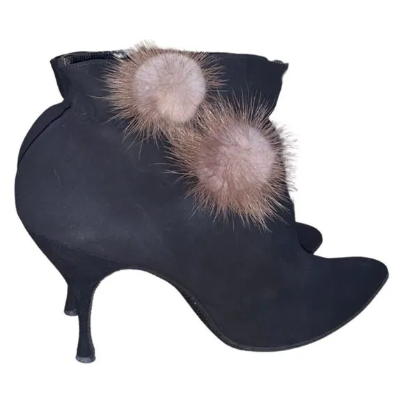 Rare 1950s Ski Boots Golden Pheasant Ankle Real Fur Pom Pom Black Suede Booties