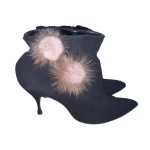 Rare 1950s Ski Boots Golden Pheasant Ankle Real Fur Pom Pom Black Suede Booties