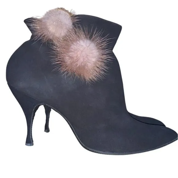 Rare 1950s Ski Boots Golden Pheasant Ankle Real Fur Pom Pom Black Suede Booties
