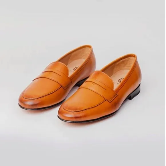 Rawls San Penny Loafers Designer Handcrafted Tan Leather Classic New