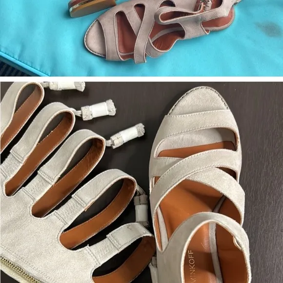 REBECCA MINKOFF BEIGE ZIPPER BACK GLADIATOR SANDALS front tassels SIZE 8
