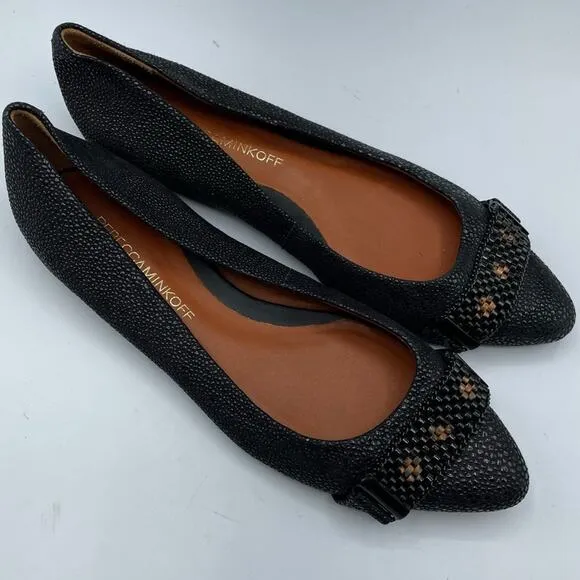 Rebecca Minkoff Black Pebbled Leather Pointed Toe Flats Womens 6 Slip On Preppy