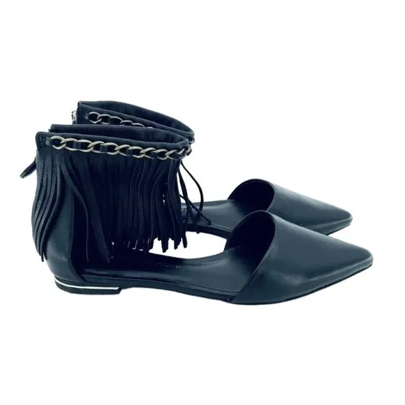 Rebecca Minkoff Faith Flats Ankle Strap Fringe Pointed Toe Shoes Black 5.5 New