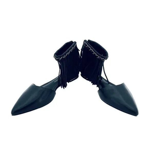Rebecca Minkoff Faith Flats Ankle Strap Fringe Pointed Toe Shoes Black 5.5 New