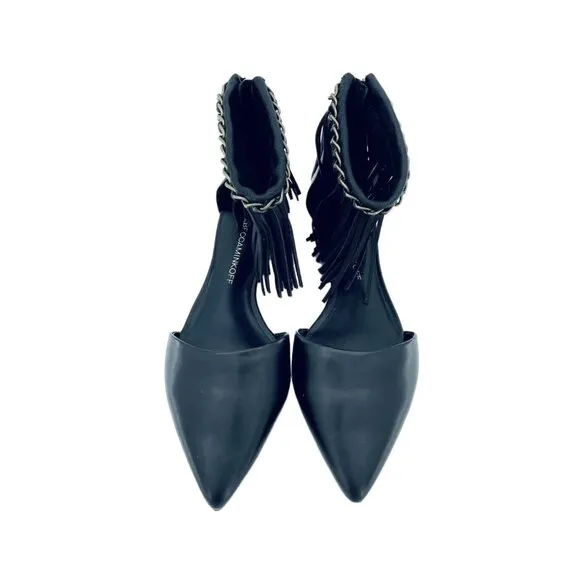 Rebecca Minkoff Faith Flats Ankle Strap Fringe Pointed Toe Shoes Black 5.5 New