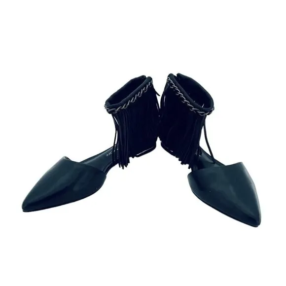 Rebecca Minkoff Faith Flats Ankle Strap Fringe Pointed Toe Shoes Black 5.5 New
