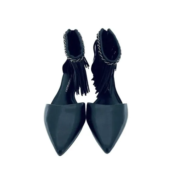 Rebecca Minkoff Faith Flats Ankle Strap Fringe Pointed Toe Shoes Black 5.5 New