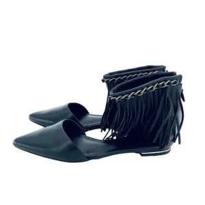 Rebecca Minkoff Faith Flats Ankle Strap Fringe Pointed Toe Shoes Black 5.5 New