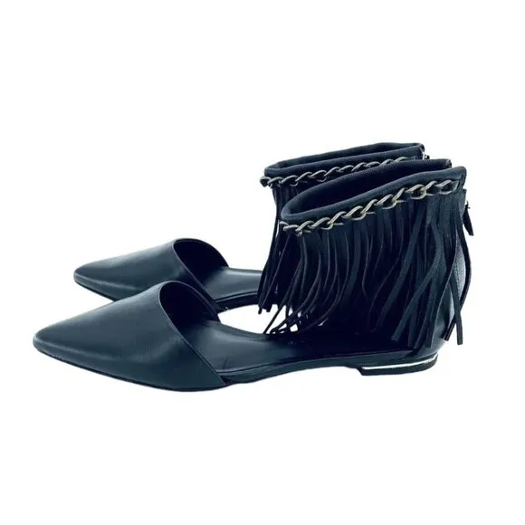 Rebecca Minkoff Faith Flats Ankle Strap Fringe Pointed Toe Shoes Black 5.5 New
