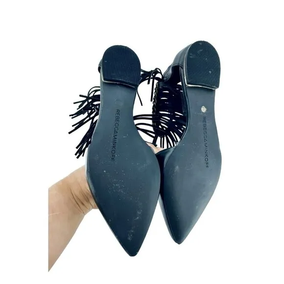Rebecca Minkoff Faith Flats Ankle Strap Fringe Pointed Toe Shoes Black 5.5 New