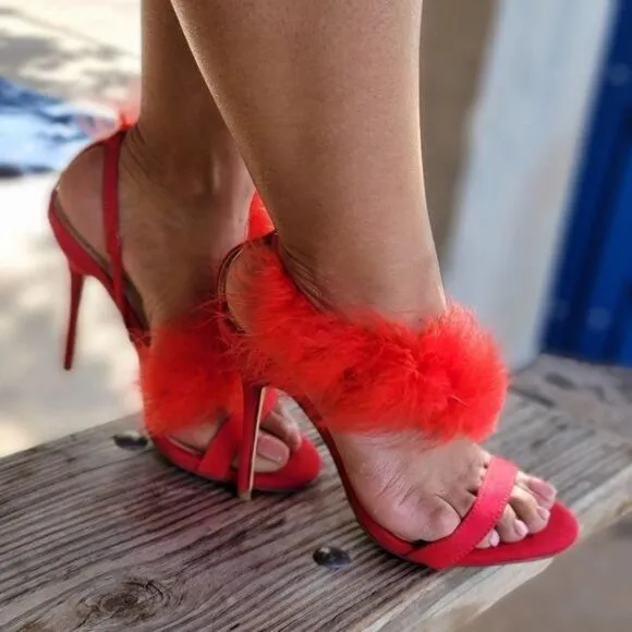 Red Feathered Fringe Open Toe Single Sole Heels