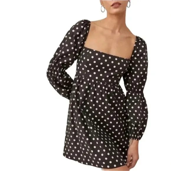 Reformation Michaela Organic Cotton Polka Dot Mini Dress Black Size 6 NWT