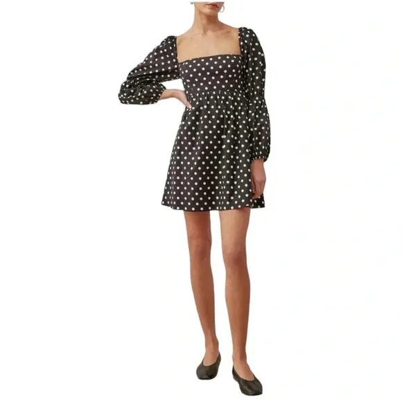 Reformation Michaela Organic Cotton Polka Dot Mini Dress Black Size 6 NWT