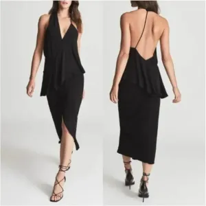 Reiss Dress Xena Strappy Open Back Black Women Sz 4 Midi Asymmetric Party $345