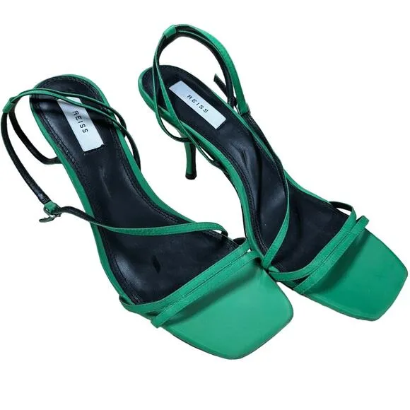 Reiss Green Bali Mid Heel Strappy Sandals Women's Sz 41 US 10.5 New Without Box