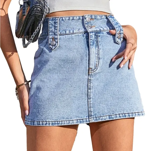 Retro High-Rise Waist Slim Double Button Wide Belt Loop Jean Denim Mini Skirt