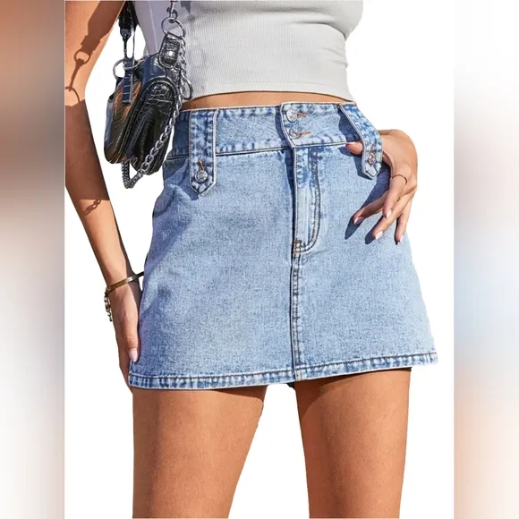 Retro High-Rise Waist Slim Double Button Wide Belt Loop Jean Denim Mini Skirt