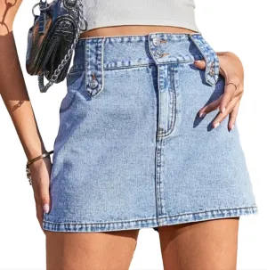 Retro High-Rise Waist Slim Double Button Wide Belt Loop Jean Denim Mini Skirt