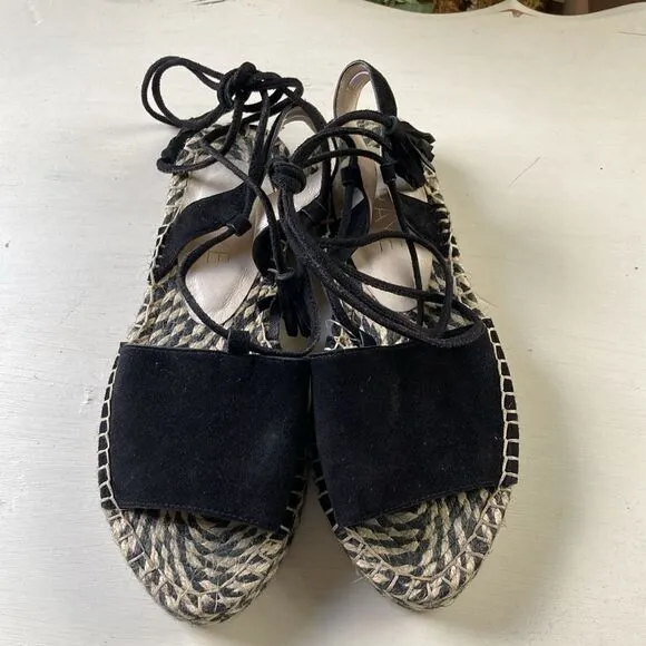 Revole Raye Espadrilles Black Leather Suede Lace up Tassel Detail Size 8.5