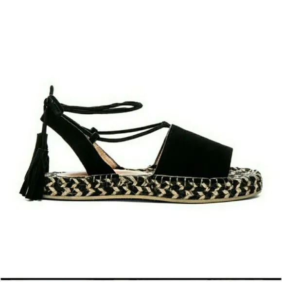 Revole Raye Espadrilles Black Leather Suede Lace up Tassel Detail Size 8.5