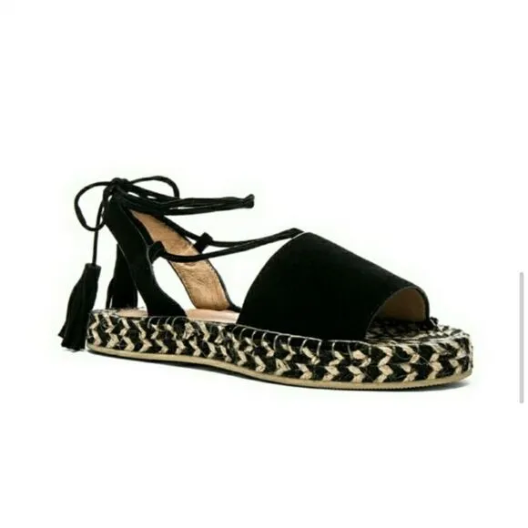 Revole Raye Espadrilles Black Leather Suede Lace up Tassel Detail Size 8.5