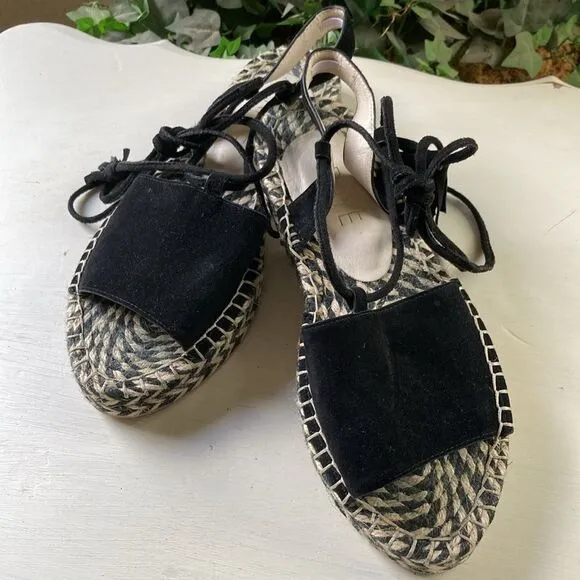 Revole Raye Espadrilles Black Leather Suede Lace up Tassel Detail Size 8.5