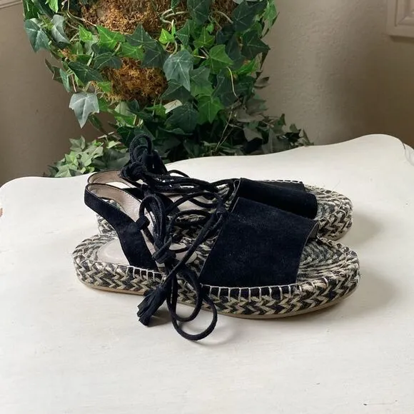 Revole Raye Espadrilles Black Leather Suede Lace up Tassel Detail Size 8.5