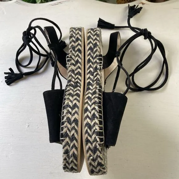 Revole Raye Espadrilles Black Leather Suede Lace up Tassel Detail Size 8.5