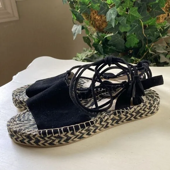 Revole Raye Espadrilles Black Leather Suede Lace up Tassel Detail Size 8.5