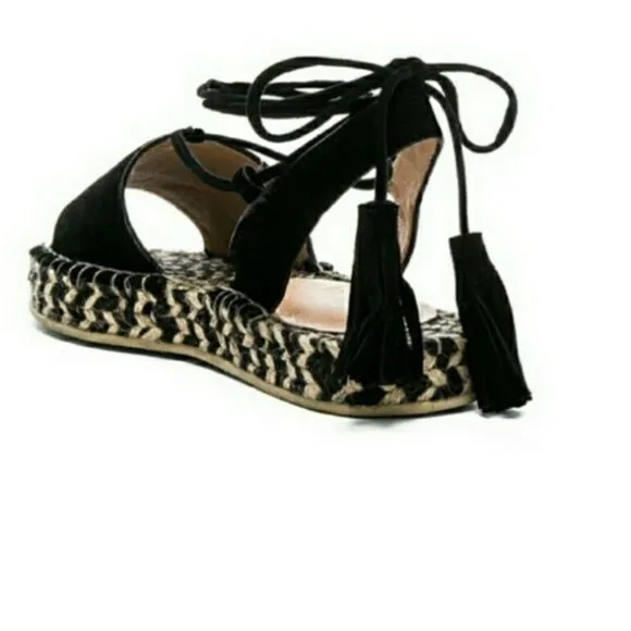 Revole Raye Espadrilles Black Leather Suede Lace up Tassel Detail Size 8.5