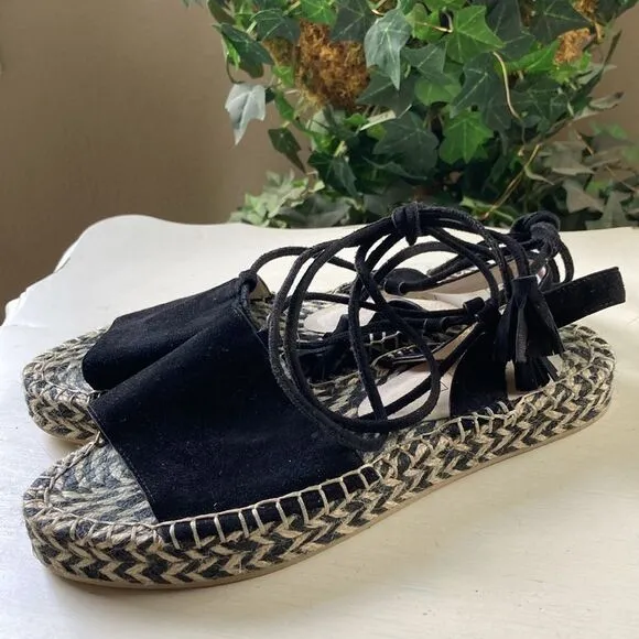Revole Raye Espadrilles Black Leather Suede Lace up Tassel Detail Size 8.5