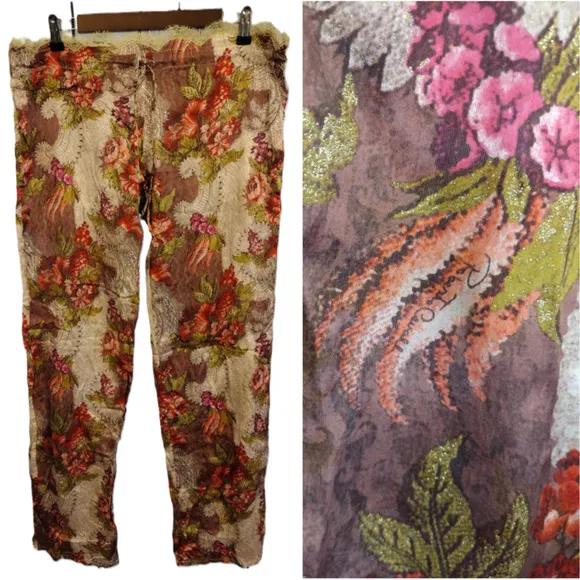 Roberto Cavalli | Silk Floral with Gold Shimmer Accent Drawstring Pajama Pants