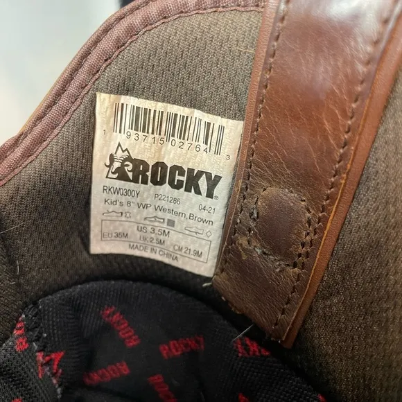 Rocky Waterproof Cowboy Leather Pull On Work Boots Kids 3.5