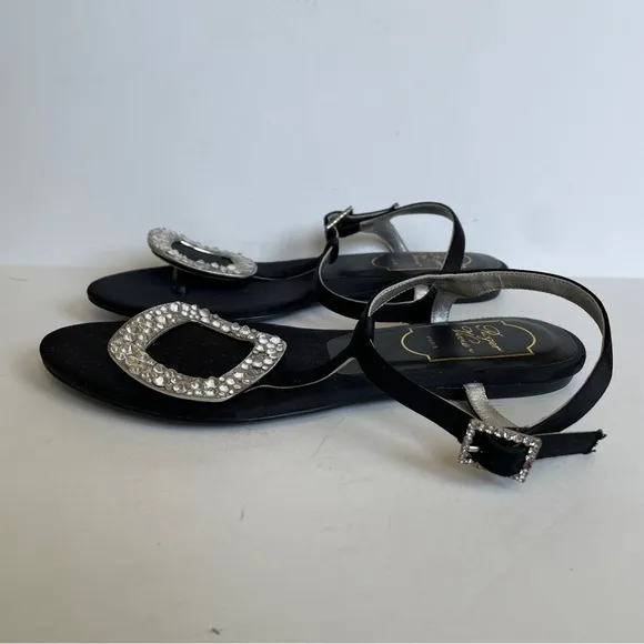 Roger Vivier Black Thong Swarovski Crystal Buckle Flat Satin Sandals Size 34