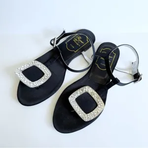 Roger Vivier Black Thong Swarovski Crystal Buckle Flat Satin Sandals Size 34