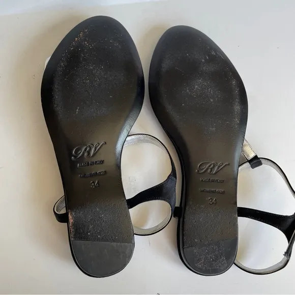 Roger Vivier Black Thong Swarovski Crystal Buckle Flat Satin Sandals Size 34