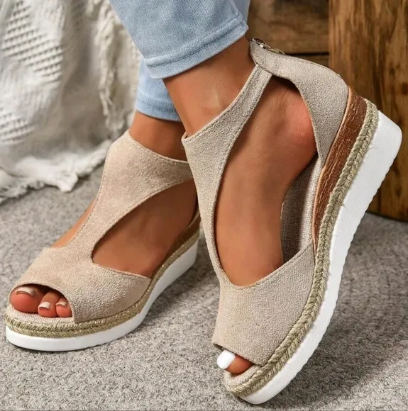 Roman Style Retro Fashionable Peep Toe Zipper Back Lightweight Wedge Platform