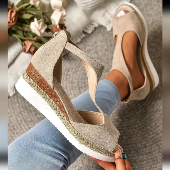 Roman Style Retro Fashionable Peep Toe Zipper Back Lightweight Wedge Platform