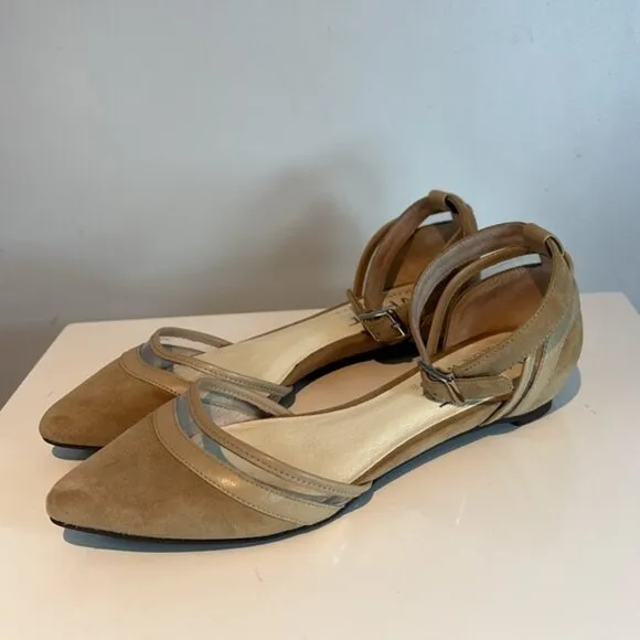 Ron White tan suede pointed flats with ankle strap size 6.5