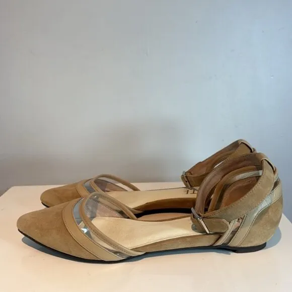 Ron White tan suede pointed flats with ankle strap size 6.5
