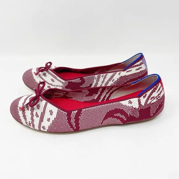 Rothy's Botanical Burgundy Bow Back Stripe Flats Red White Pattern Ballet Women