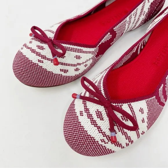 Rothy's Botanical Burgundy Bow Back Stripe Flats Red White Pattern Ballet Women