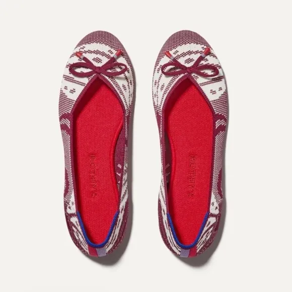 Rothy's Botanical Burgundy Bow Back Stripe Flats Red White Pattern Ballet Women