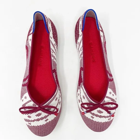 Rothy's Botanical Burgundy Bow Back Stripe Flats Red White Pattern Ballet Women