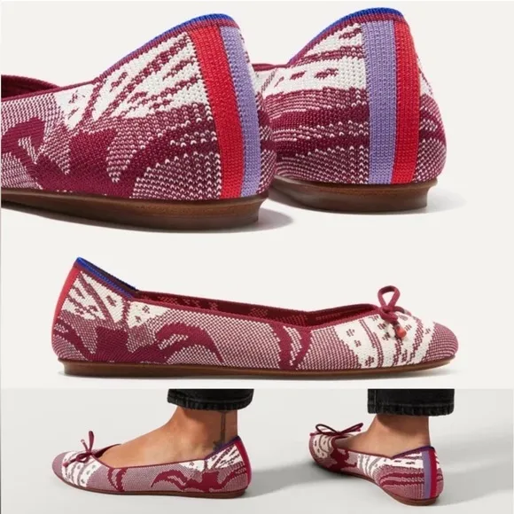 Rothy's Botanical Burgundy Bow Back Stripe Flats Red White Pattern Ballet Women