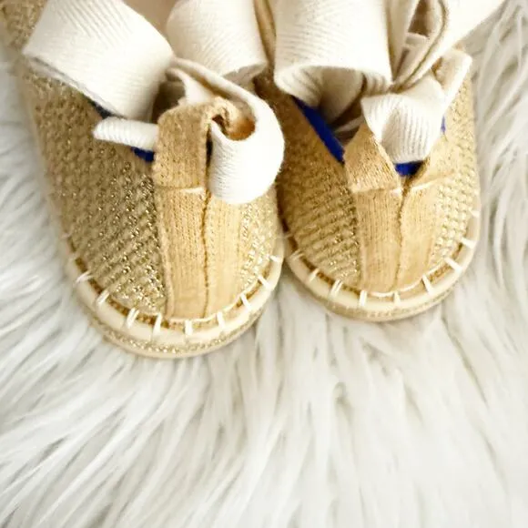 ROTHY'S | The Espadrille Gold Stripe Ballet Ankle Lace Wrap Tie Ivory | Size 9