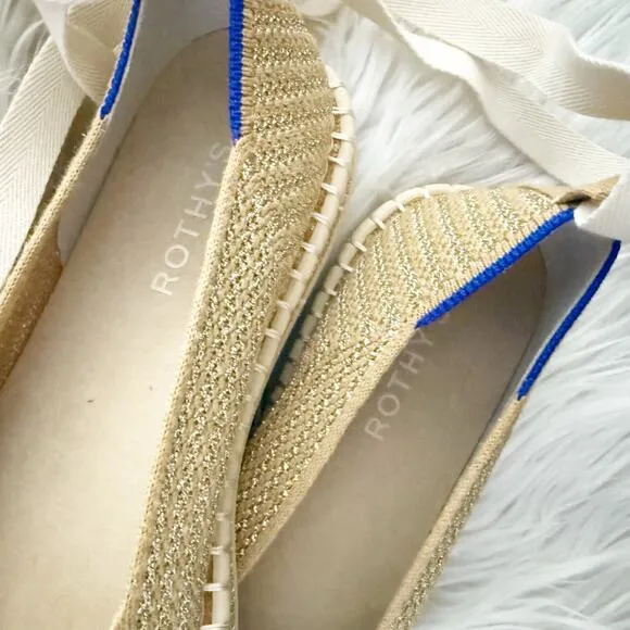 ROTHY'S | The Espadrille Gold Stripe Ballet Ankle Lace Wrap Tie Ivory | Size 9