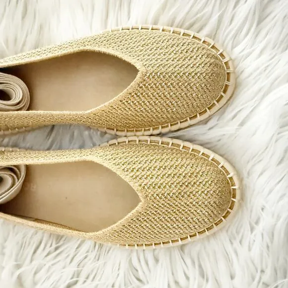 ROTHY'S | The Espadrille Gold Stripe Ballet Ankle Lace Wrap Tie Ivory | Size 9