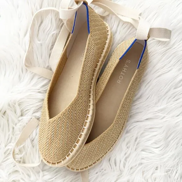 ROTHY'S | The Espadrille Gold Stripe Ballet Ankle Lace Wrap Tie Ivory | Size 9