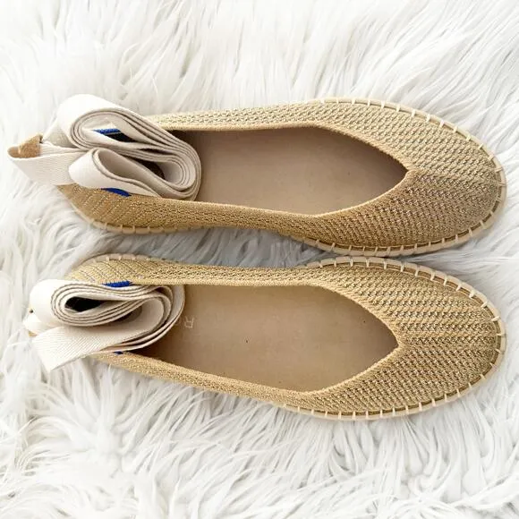 ROTHY'S | The Espadrille Gold Stripe Ballet Ankle Lace Wrap Tie Ivory | Size 9